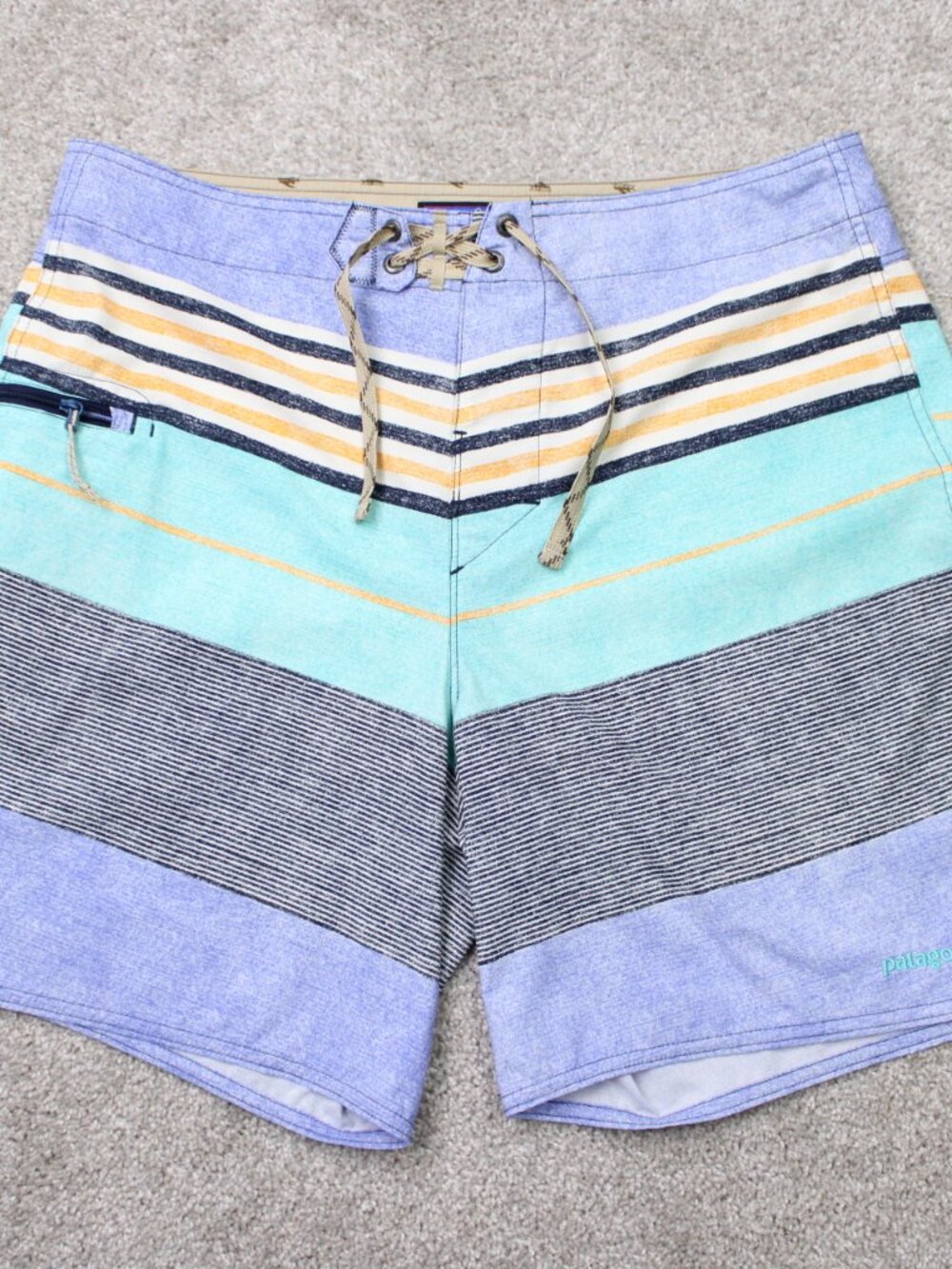 Patagonia Shorts Mens 34 Blue/Green 8" Stretch Planing Boardshorts Drawstring